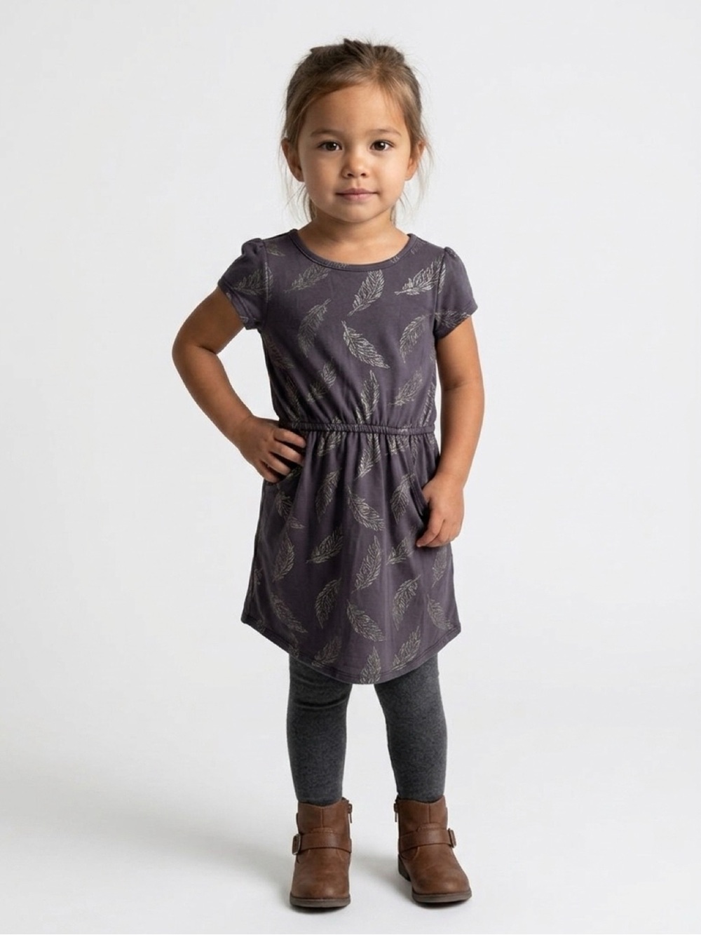LuLaRoe Mae Dress Kids Size 6 Brown Gold Feather Print w/ Pockets